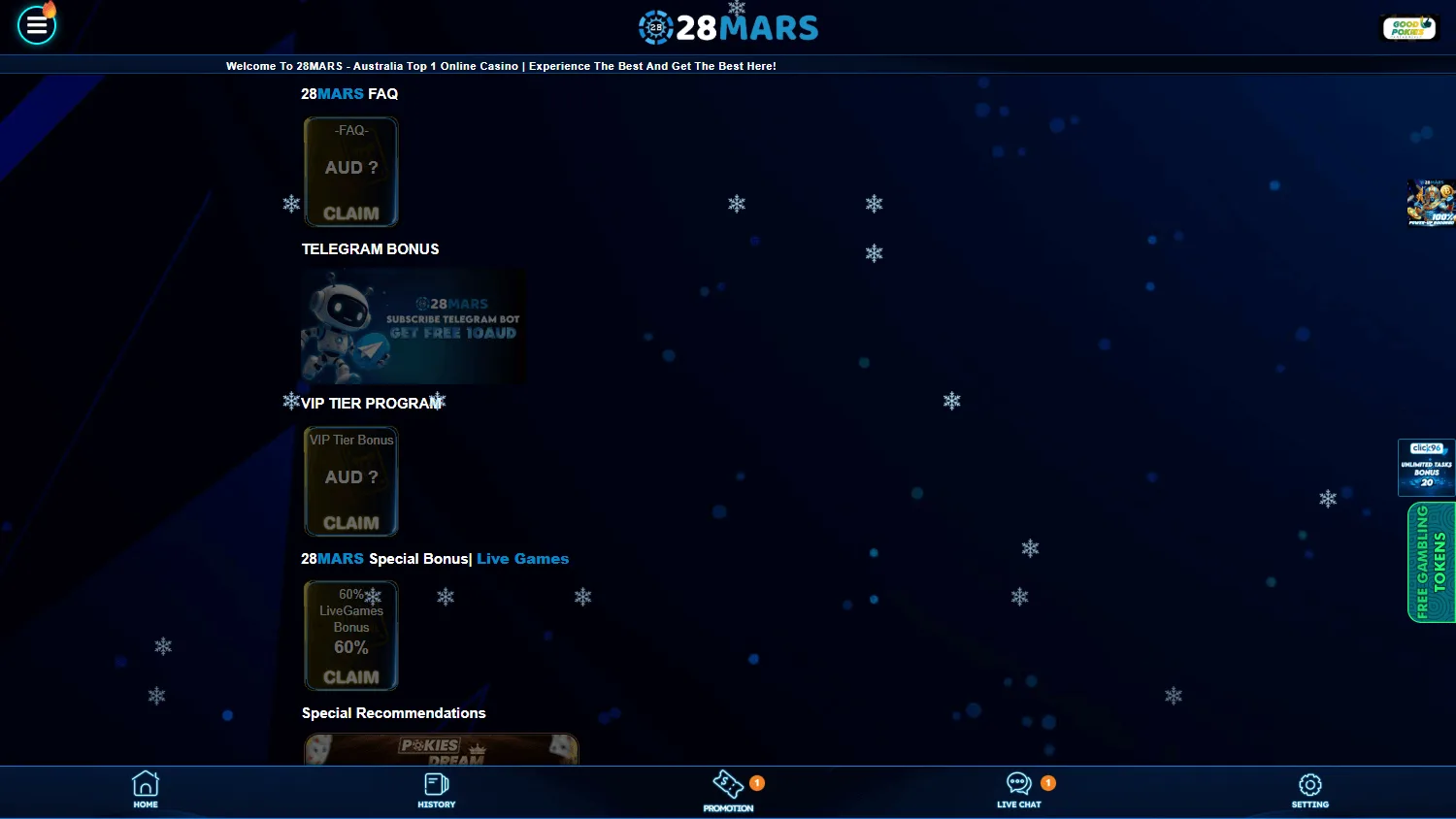 28 Mars Casino promotions page on desktop