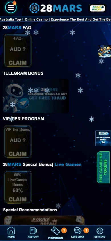 28 Mars Casino promotions page on a mobile device
